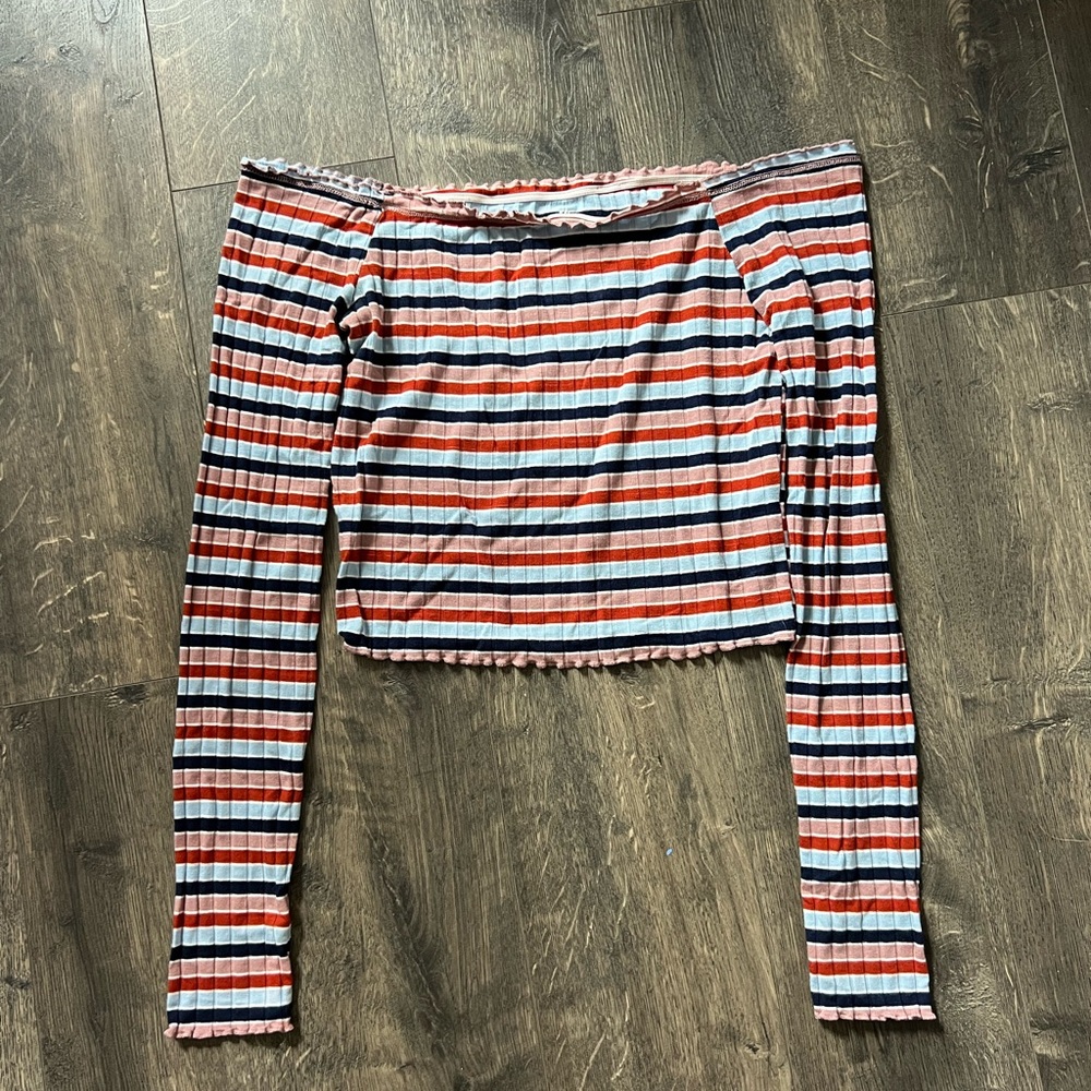 Striped Off the Shoulder Ribbed Long Sleeve Top